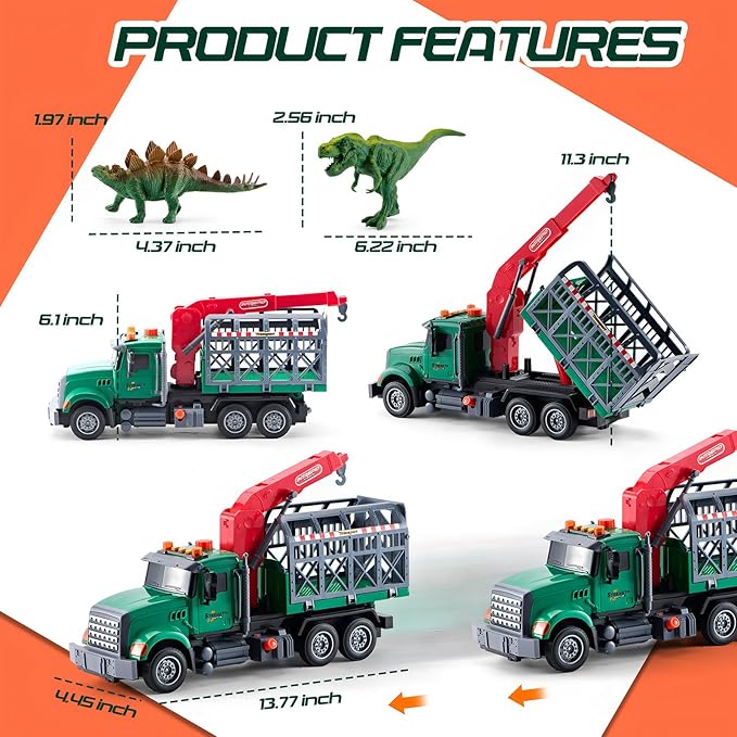 Large Dinosaur Transport Truck Toys for 3 4 5 6 7 8 Year Old Boys, Truck with Loading Crane,Lights and Sounds Vehicles Toy for Kids Childs Toddlers Christmas Birthday Gift