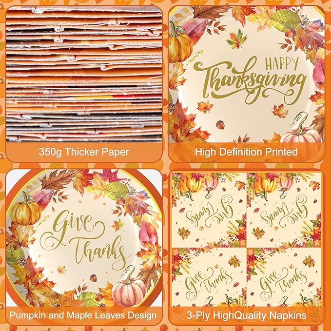 150 Pack Happy Thanksgiving Plates and Napkins Sets - Disposable Fall Paper Plates Napkins Dinnerware, Give Thanks Heavy Duty Dessert Dinner Plate for Thanksgiving Party Supplies Table Decor, Serve 50