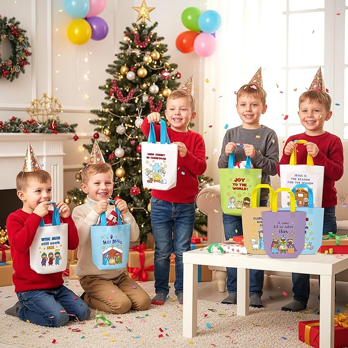 Christmas Coloring Goodie Bags for Kids - 24Pcs Nativity Bulk Color Your Own Gift Bags with Handle Religious Theme Reusable Non Woven Coloring Tote Packet for DIY Painting Crafts Holiday Party Favors