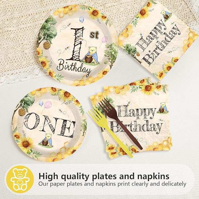 96Pcs Classic Bear 1st Birthday Decorations Watercolor Bear Plates and Napkins Cartoon Theme First Birthday Decoration Favors for Kids One Year Old Bday Baby Shower Party Supplies Serves 24