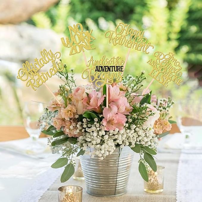 15 PCS Happy Retirement Centerpiece Sticks Officially Retired Table Flower Centerpieces Sticks No Work Zone Adventure Begins Floral Decorations for Retirement Birthday Party Centerpieces Gold