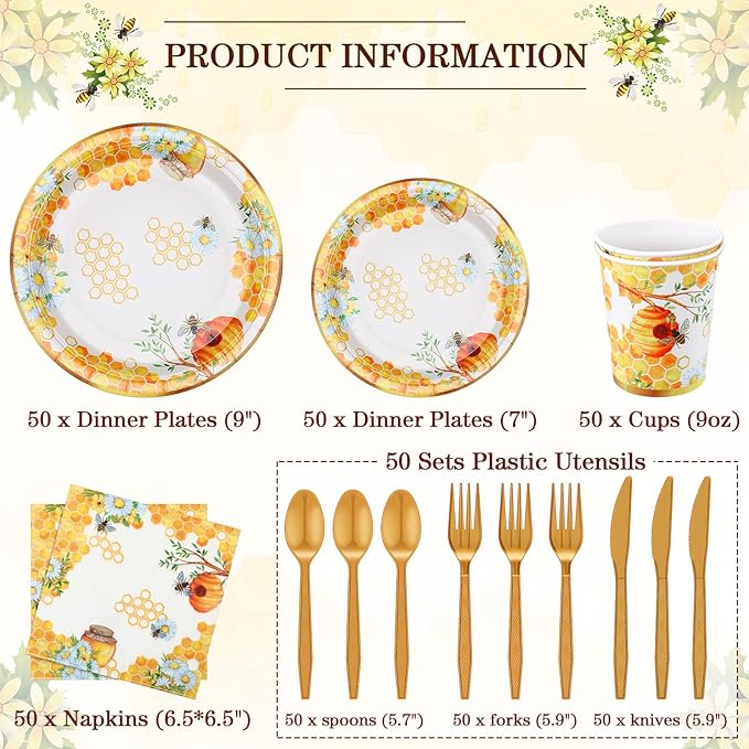 350 Pcs Tea Party Supplies Spring Summer Sage Green Sunflower Party Tableware Set Disposable Plates Napkins Paper Cups Plastic Cutlery Set For Birthday Bridal Baby Shower Serves 50(Bee)