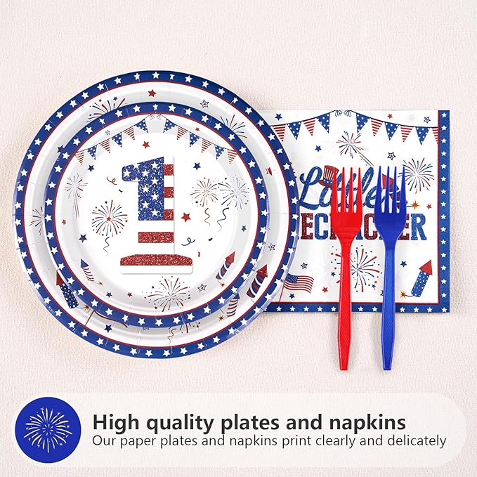 Grencian 96Pcs 4th of July 1st Birthday Party Supplies First Birthday Plates and Napkins Sets for Independence Day Patriotic Baby Shower One Year Old Decorations Serves 24