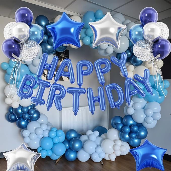 29PC Blue Happy Birthday Balloon Banner, 16 Inch 3D Aluminum Letter Banner Sign, Metallic Silver Pearl Dark Blue Confetti Balloons 18 Inch Star Foil Balloons for Women, Men Party Supply