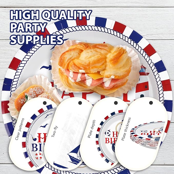 96 Pcs Nautical Party Supplies Sailing Party Decoration Plates and Napkins Red White and Blue Tableware Set for Boy Birthday Baby Shower Nautical Theme Celebrations Serves 24