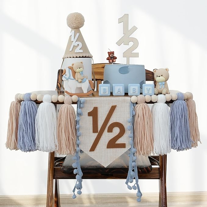 1/2 Birthday Decorations For Baby Boys 6 Months Khaki Cone Birthday Hat With Cake Topper Happy Half Year Party Photoshoot Props