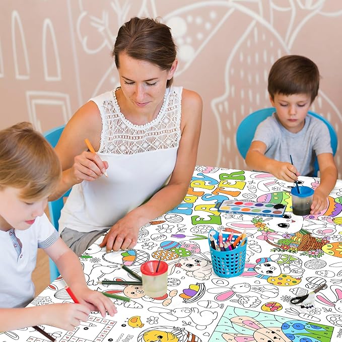 Easter Coloring Tablecloth for Kids, Large 30x72 Inch Poster with Bunnies, Eggs, Flowers, Perfect for Easter Party Games, Classroom Decorations, Spring Activities, and Holiday Supplies