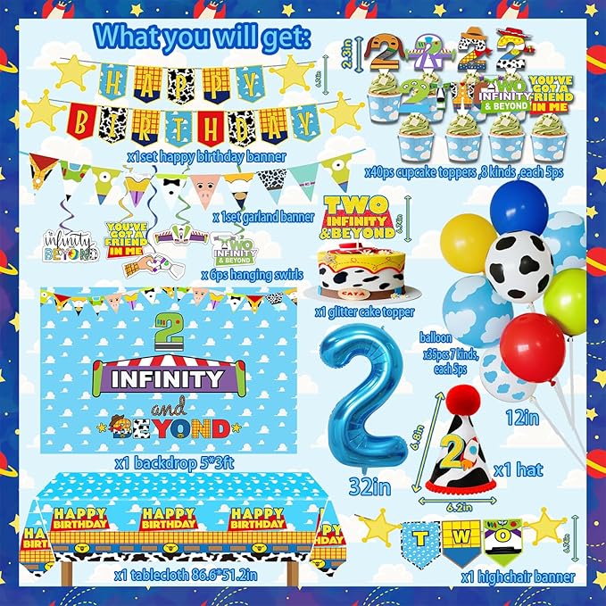 METIXOZE Two Infinity and Beyond Birthday Decorations Blue Clouds Cartoon Story 2nd Birthday Party Supplies include Backdrop Crown Cake Cupcake Toppers Hanging Swirls Two Banner Balloons Tablecloth