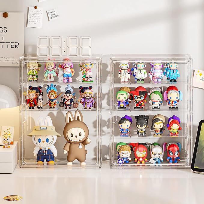 Clear 4 Tiers Acrylic Display Case for Figures Collectibles Wall Mounted Hobby Figurine Display Case with Shelves, Display Shelf Storage Box for Labubu Action Figures, Car Model, XXL, 2 Pack