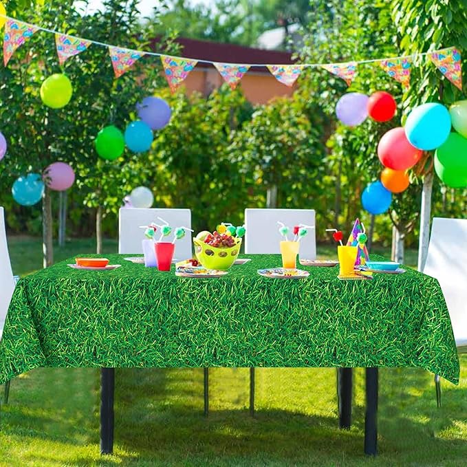 3 Pcs Green Grass Plastic Tablecloths, 51 * 86 Inch Disposable Grass Table Covers, Golf Soccer Party Decorations for Boys, Soccer Golf Sports Theme Birthday Party Supplies