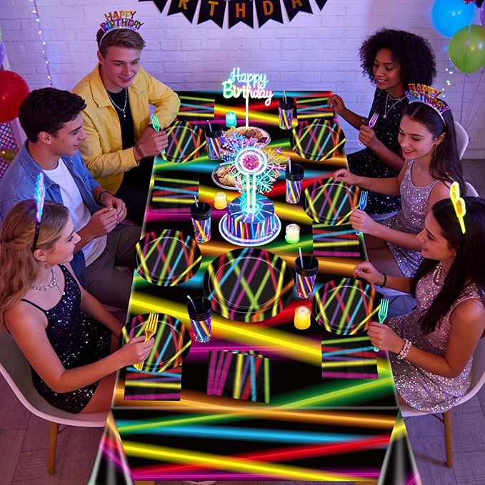 81Pcs Glow in the Dark Party Supplies Set - Serves 20, Neon Party Supplies, Includes Plates, Napkins, Fork, Tablecloth for Halloween Glow Birthday Decorations