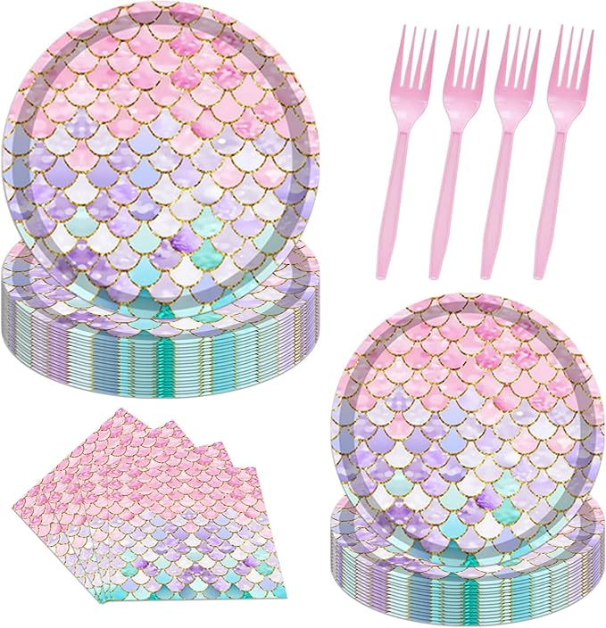 96PCS Mermaid Plates and Napkins Tableware Set Mermaid Party Supplies Mermaid Birthday Party Decorations Ocean Mermaid Theme Birthday Baby Shower Supplies Mermaid Paper Plates Napkins Forks Serve 24