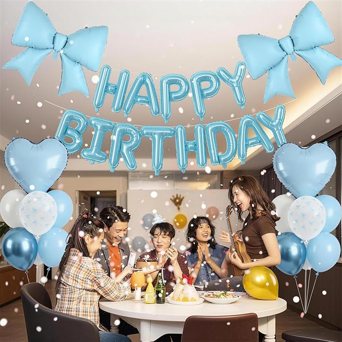 Blue Bow Birthday Decorations Pastel Baby Light Blue Metallic White Bows Print Party Balloon Happy Birthday Banner 38 In Coquette Foil Balloons Heart Balloon for Men Boys Bday Party Supplies