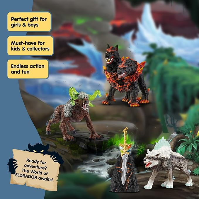 Schleich Eldrador Creatures - 5PC Fantasy Creature Set - Ice Wolf, Lava Hound, Rock Beast and Sword Figure Playset - Animal Monster Figurines for Boys and Girls - Durable Toys for Kids Ages 7+ | 72179