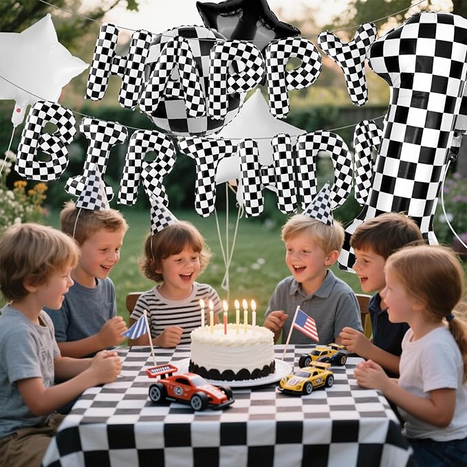 Racing Cars Themed Happy Birthday Banner Party Decorations Set Including 40 Inch Number 1 Foil Balloons, Themed Party Essentials, Checkered Backdrop Supplies for Boys Indoor Outdoor Celebration