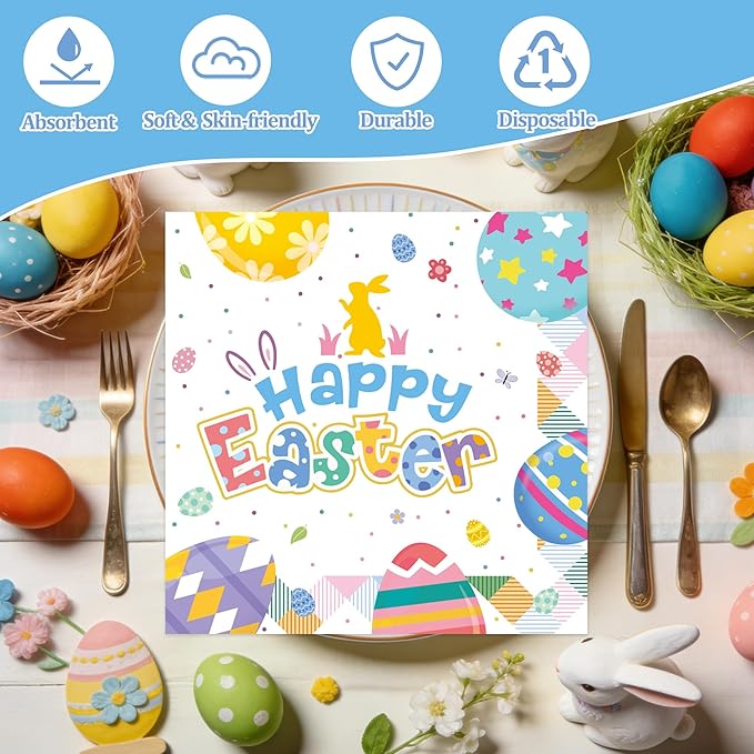 50Pcs Happy Easter Paper Napkins - Cartoon Colorful Eggs Bunny 13 x 13 Inches Luncheon Napkins Disposable Dessert Dinner Hand Napkins for Easter Birthday Party Supplies