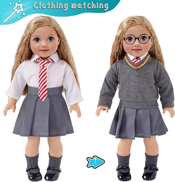 18 inch Doll Clothes and Accessories School Uniform Costume Doll Clothing Accessories Set 10 Pcs for 18 inch Girl Dolls