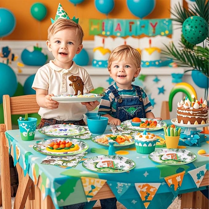 96Pcs Dinosaur 1st Birthday Decorations Cartoon Dinosaurs Plates and Napkins Tableware Sets Watercolor Dinosaur Party Decorations for One Year Old Boys Birthday Baby Shower Supplies Serves 24