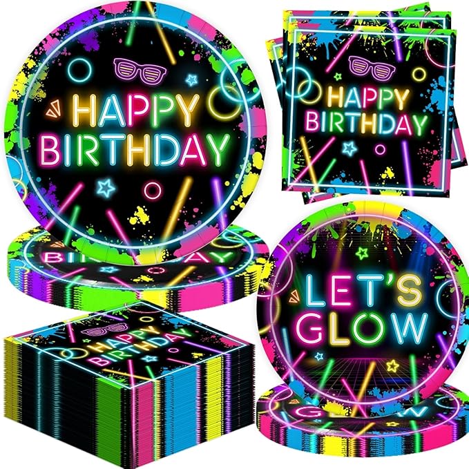 40 Pcs Neon Plates and Napkins Tableware Sets for Neon Party Decorations, Birthday Decorations Which Can Serve 20