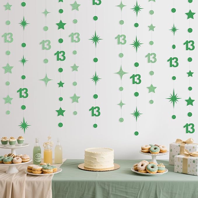 Green 13th Birthday Decorations Number 13 Circle Dot Star Garland Glitter Streamer Banner Backdrop for Girls Boys Official Teenager Cheers to 13 Years Old Birthday 13th Anniversary Party Supplies