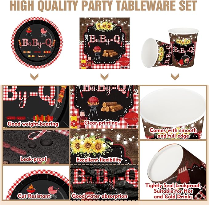 Hushee 200 Pcs BBQ Baby Shower Paper Plates Cups Napkins Party Supplies Tableware Set Disposable Cup Napkin for 50 Guest Party Decoration