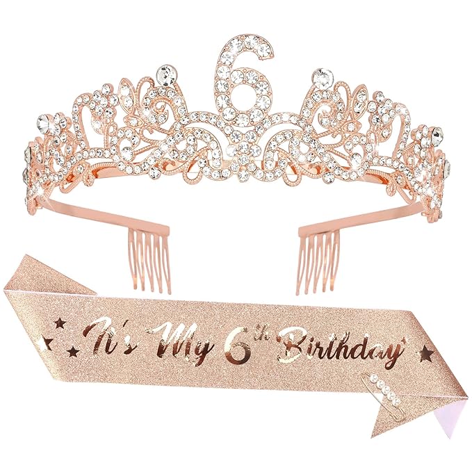 Semato 6th Birthday Decorations for Girl Sash and Crown Kit Rose Gold 6 Year Old Girl Birthday Gifts for Her Party Supplies