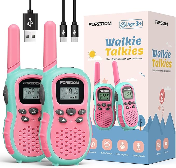 FOREDOM Rechargeable Walkie Talkies for Kids Walkie Talkies Long Range for Boy & Girl Age 3 to 12 Year Old Birthday Toys with Flashlight, 2 Pack