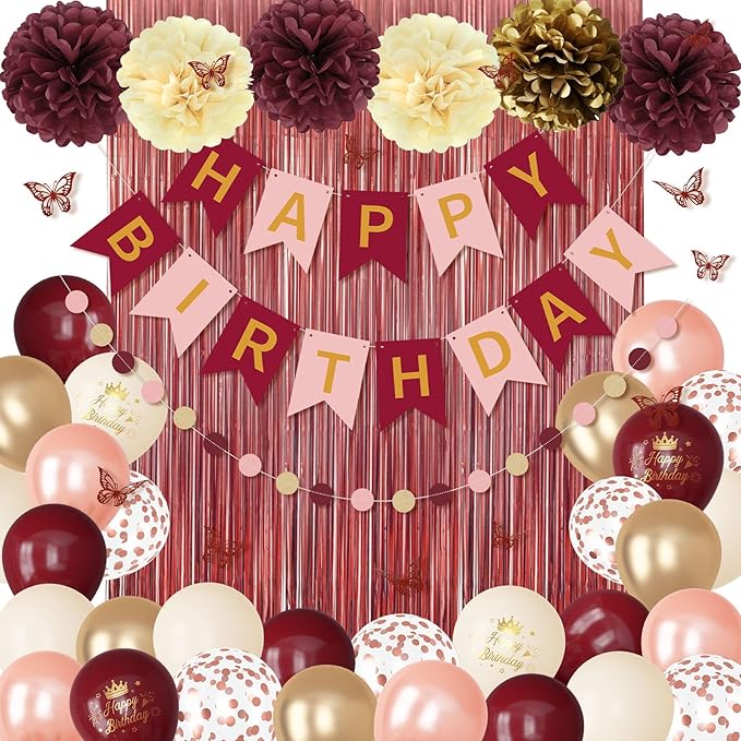Burgundy Birthday Decorations for Women Girls, Pearl Pink Rose Gold Sand Metallic Printed Balloons Butterfly Stickers Fringe Curtain Happy Birthday Banner Circle Dot Paper Pompom Party Supplies