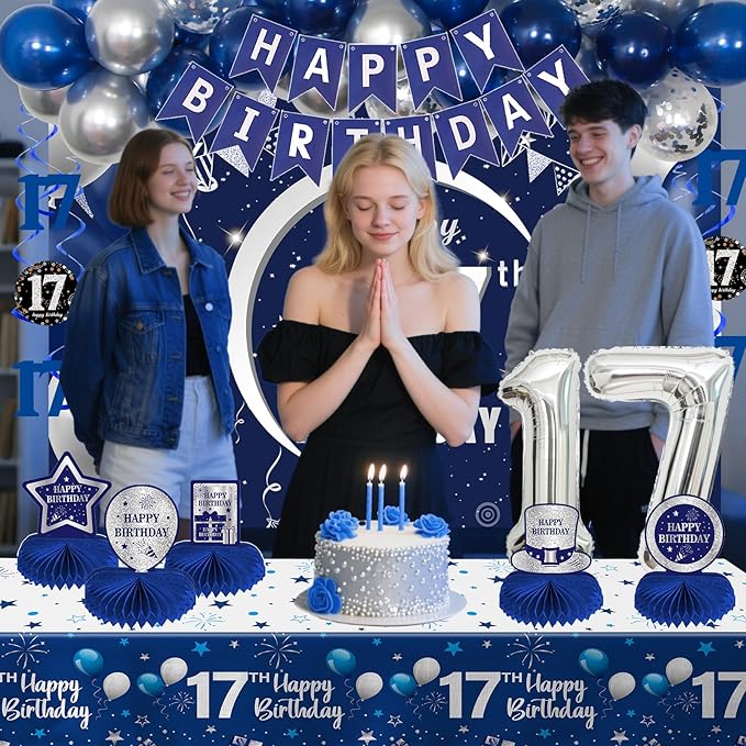 17th Birthday Decorations for Boys Girls, 54 PCS Happy 17 Balloon Numbers Set for Boys, Blue 17 Year Old Birthday Party Supplies with Bday Tablecloth Banner Honeycomb Centerpieces Hanging Swirls