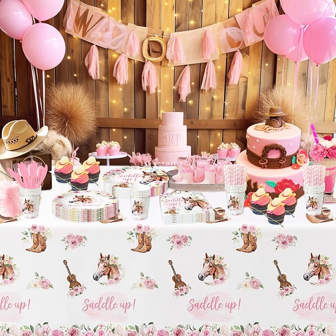 Cowgirl Party Decorations Tablecloth - Horse Saddle Up Western Party Supplies Tablecover, Disposable Wild West Cowgirl Birthday Baby Shower Decorations Table Cloth - 3 Pack (54in x 108in)