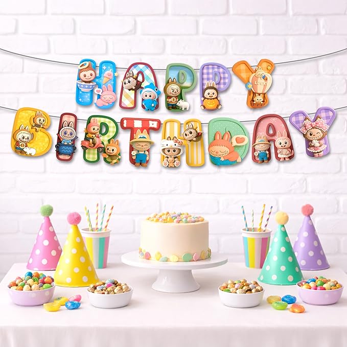 IndoTribe Pink Happy Birthday Banner - Pre-Strung,No DIY Cute Cartoon Theme Happy Birthday Sign Birthday Decorations for Girls Reusable Happy Bdy Backdrop for Women