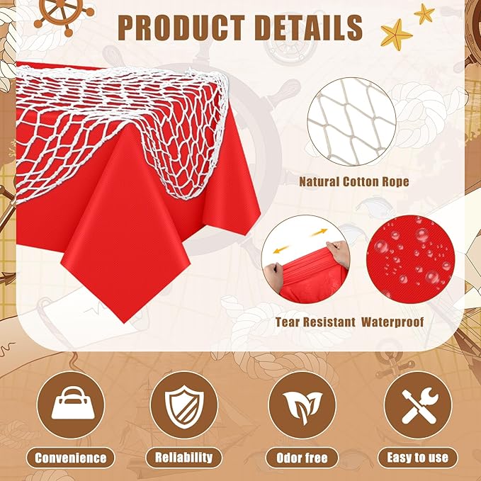 Unittype 8 Pcs Fish Net Decorative and Tablecloth Set, Cotton Fishnet and Plastic Table Cover Decorations Set for Nautical Themed Party Baby Shower Pirate Decorations Mermaid Party (Pirate Color)
