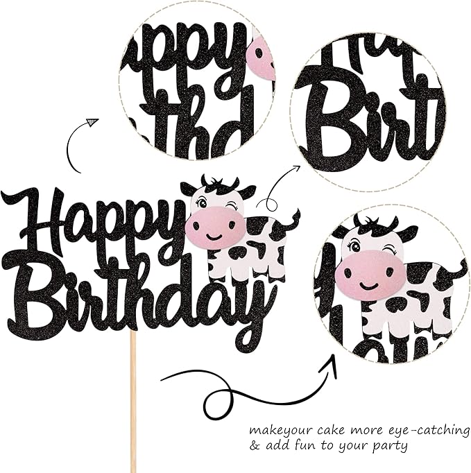 1 PCS Cow Happy Birthday Cake Topper Glitter Farm Animals Birthday Cow Cake Pick Decorations for Cow Theme Baby Shower Kids Boys Girls 1st Birthday Party Cake Decorations Supplies