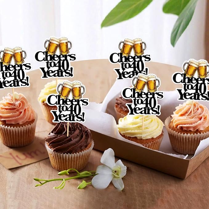Ercadio 28 PCS Beer Party Cupcake Toppers Cheers and Beers Happy Birthday Decor for Cheers to 40 Years Cake Topper Favor for Summer Family Party Decor Supplies
