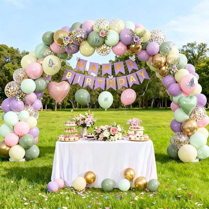 Fairy Birthday Decorations for Women Girls,Fairy Themed Party Decorations Sage Green Purple Pink Yellow Balloons Happy Birthday Banner Girls Butterfly Birthday Decor Spring Tea Party Supplies