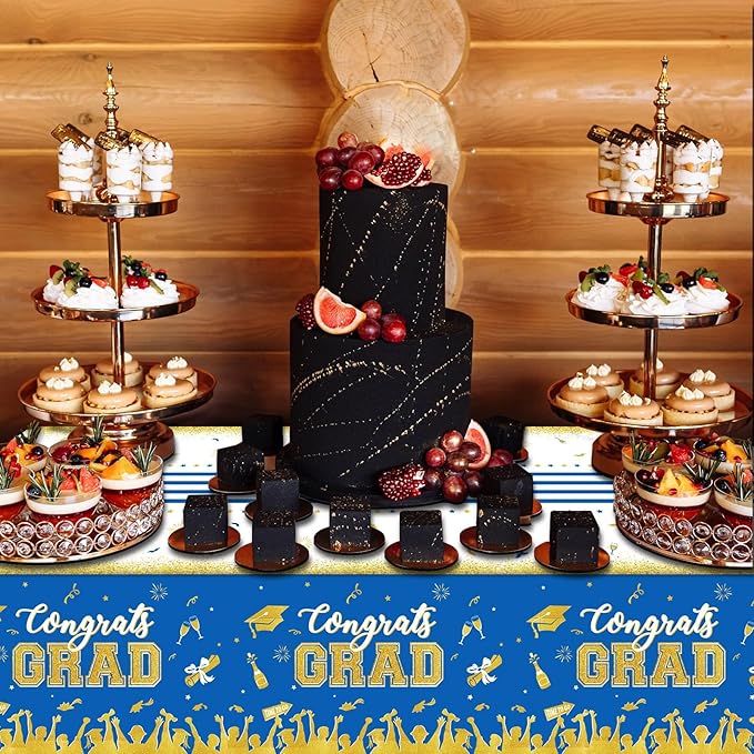 chiazllta Set of 3 Graduation Tablecloths Class of 2025 Congrats Grad Blue Graduation Party Tablecover Decorations Party Supplies Large Size Plastic 54"x108"(Blue & Gold)