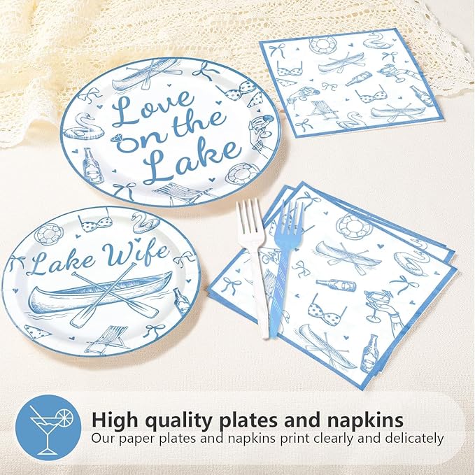 96Pcs Happy Engagement Party Decorations ﻿Dusty Blue Wedding Decor Plates and Napkins Disposable Love on the Lake Engagement Themed Tableware for Girls Bridal Shower Wedding Party Supplies Serves 24