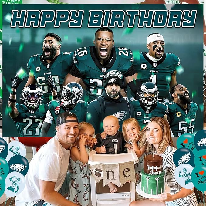 American Football Birthday Party Decoration,Photo Background 5 x 3 FT, 18 Pcs Balloons,Philadelphia Merch Party Backdrop Supplies