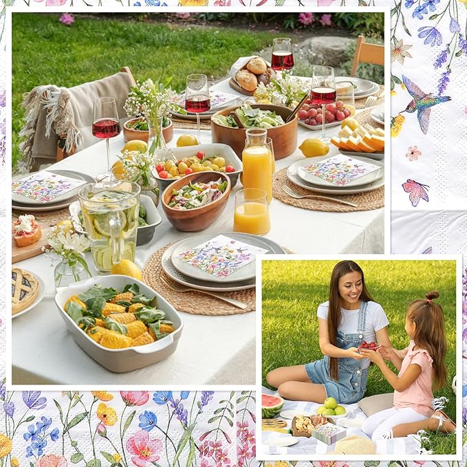 100 Pcs Wildflower Napkins, 2-Ply Floral Cocktail Napkins Spring Decoupage Napkin Butterfly Hummingbird Flower Dessert Beverage Napkin for Easter Baby Shower, Tea Party