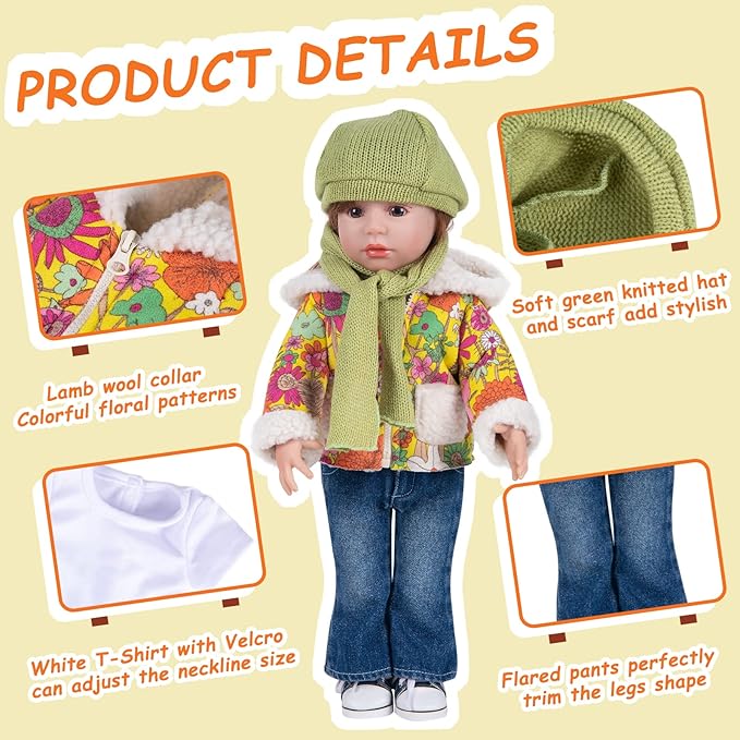 Doll Clothes Set 5 Pc. Set Includes Colorful Yellow Coat, Green Scarf and Hat, Blue Jeans & White T-Shirt Baby Doll Clothes Suit and Accessories (Doll & Shoes Not Included)