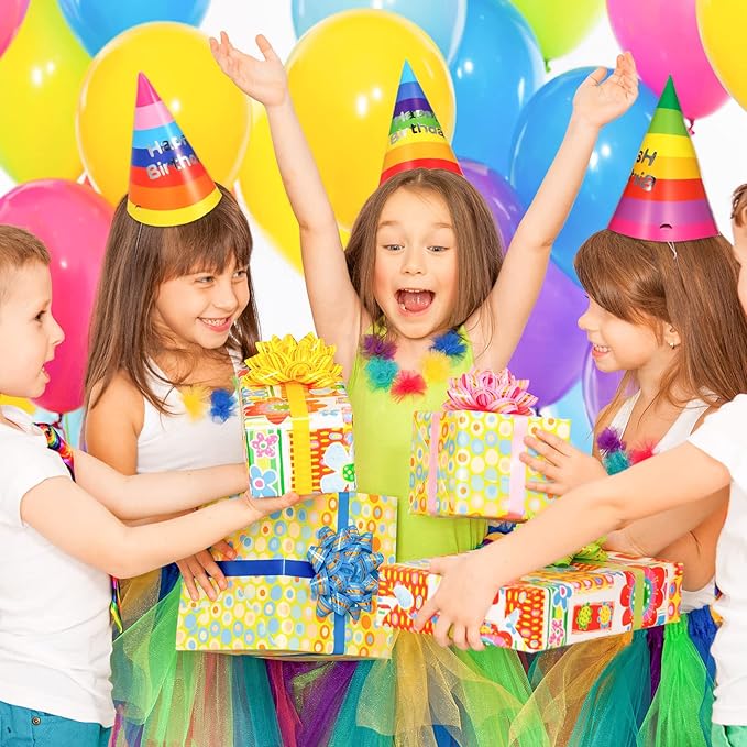 Geyoga 100 Pieces Rainbow Birthday Party Hats for Kids and Adults Colorful Paper Cone Hats Bulk Party Supplies