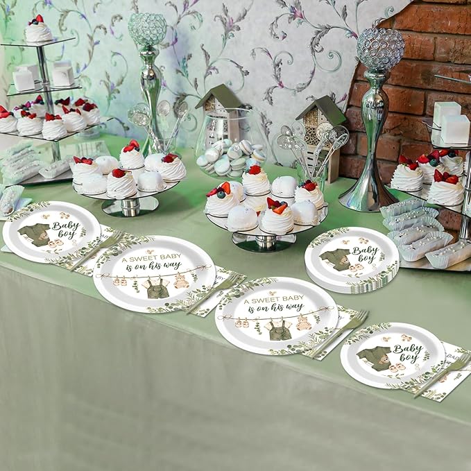 96Pcs Greenery Baby Shower Plates and Napkins Decoration Sage Green Baby Boy Party Tableware Dinnerware Set A Sweet Boy Is On His Way Paper Plates for Gender Reveal Party Supplies Serves 24 Guests