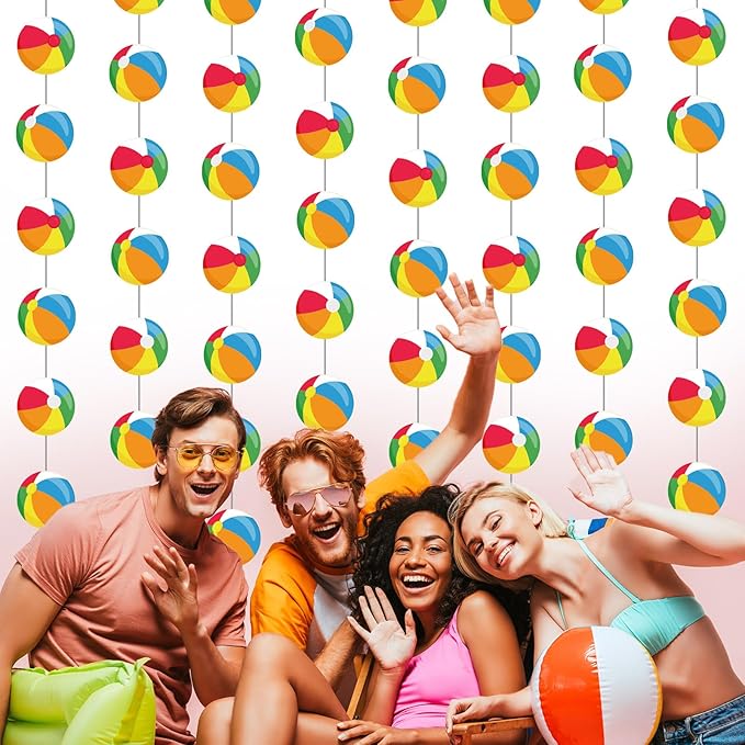 8 Pieces Beach Ball Garland Summer Pool Party Hanging Banner Decorations Pool Ball Paper Cutout Garland Room Wall Decor for Hawaii Beach Birthday Baby Shower Party Favors Supplies