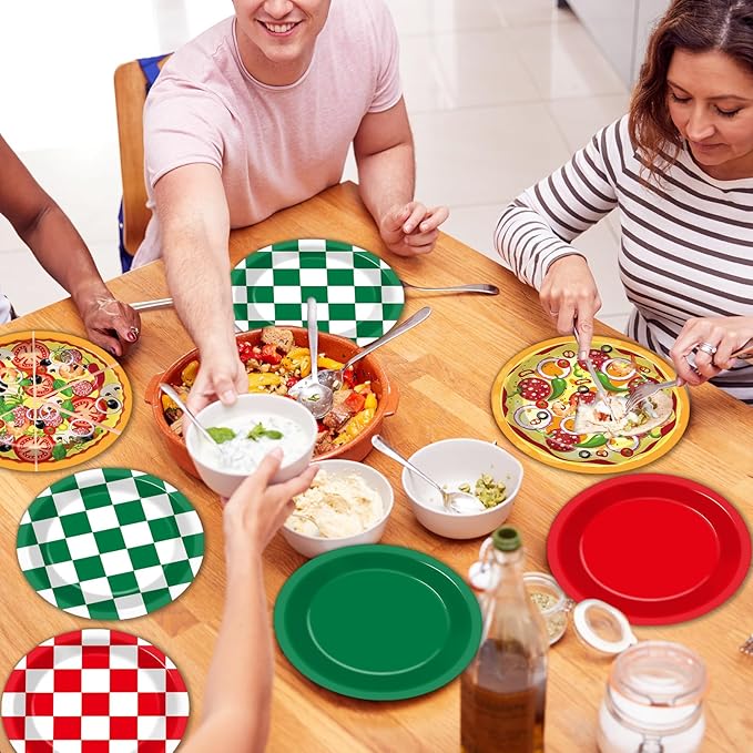 60PCS Pizza Theme Birthday Party Plates Red Green White Pizzas Checkered Disposable Paper Dessert Plates for Italian Pizza Birthday Decorations Party Tableware Set for Kids BBQ Picnic Supplies