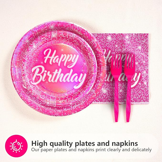96Pcs Hot Pink Birthday Party Supplies Disco Rainbow Pastel Holographic Plates and Napkins Tableware Sets Hot Pink Iridescent Decoration Favors for Girls Princess Mermaid Disco Themed Party Serves 24
