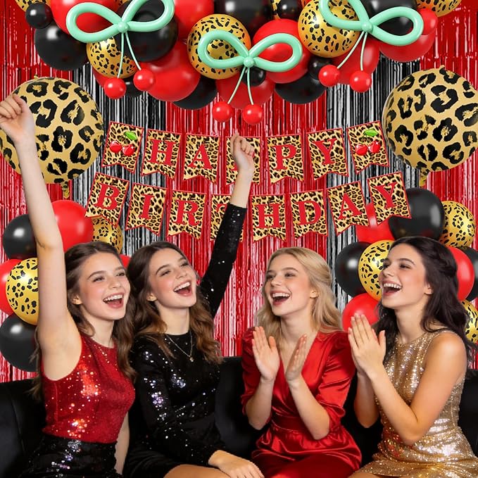 Red Cheetah and Cherry Birthday Decorations, Leopard Brithday Banner Red Black Cheetah Print Balloons Fringe Curtain Cake Toppers for Girls Women Birthday Bachelorette Party Decoration Supplies