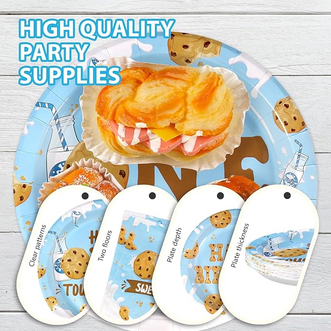 96Pcs Milk and Cookies 1st Birthday Decorations One Sweet Cookie Birthday Plates and Napkins Chocolate Chip Cookies and Milk Drinks Tableware Set for Boy One Year Old birthday Party Supplies Serves 24
