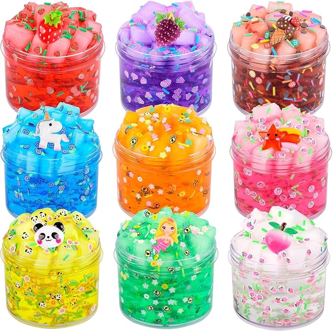 9 Pack Jelly Cube Slime Kit Party Favor, Crunchy Clear Crystal Games for Girls and Boys, DIY Birthday Boba Easter Gift for Kids, Cute Charm Soft Non-Sticky Stress Relief Toys