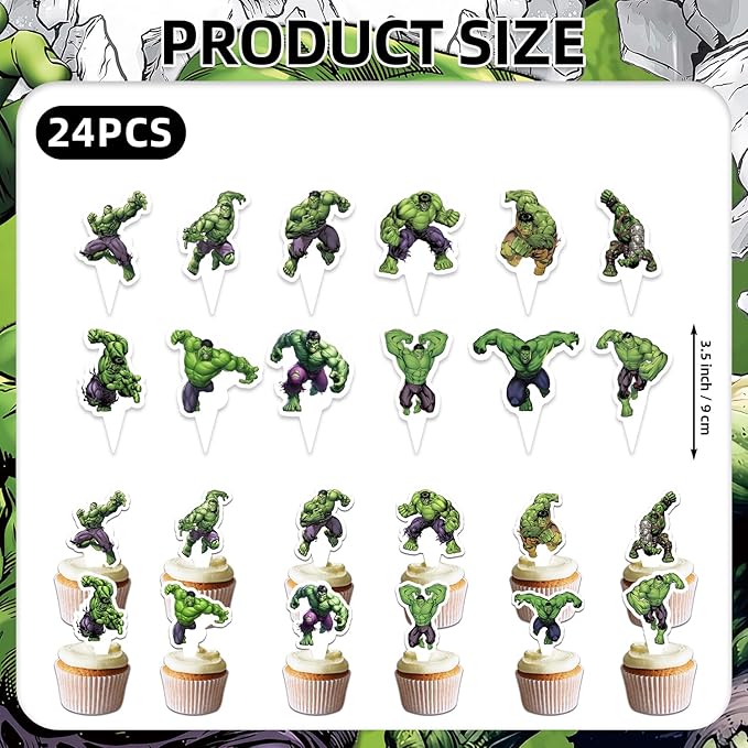 25Pcs For Hulk Birthday Party Supplies Pack Includes 1 Cake Topper 24 Cupcake Toppers for Hulk Party Supplies