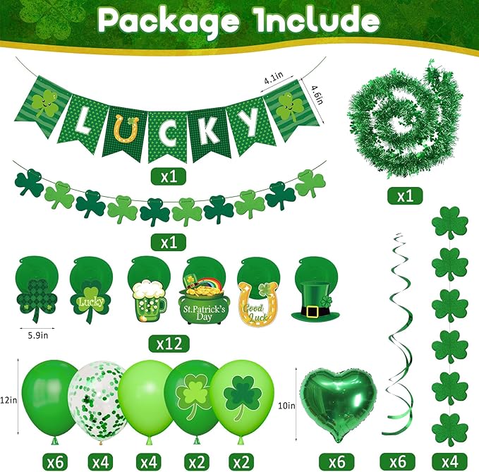 61Pcs St. Patrick's Day Decorations, Lucky Shamrock Banner Shamrocks Garland Saint Patrick Hanging Swirl Cutout 6.56FT St Patricks Day Garland Balloons for Irish Lucky Day Home Party Supplies